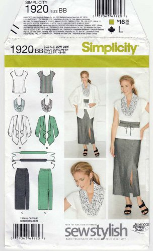 Women's Skirt, Top, Jacket, Scarf, Belt Pattern Plus Size 20-22-24-26-28 UNCUT Simplicity 1920