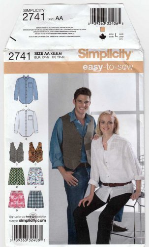 Shirt, Vest, Boxer Shorts Sewing Pattern Unisex Size XS-S-M Bust/ Chest 30-40" Uncut Simplicity 2741