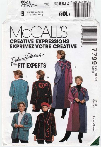 Women's Coat or Jacket, Palmer Pletsch Sewing Pattern Misses' Size Large 16-18 Uncut McCall's 7799