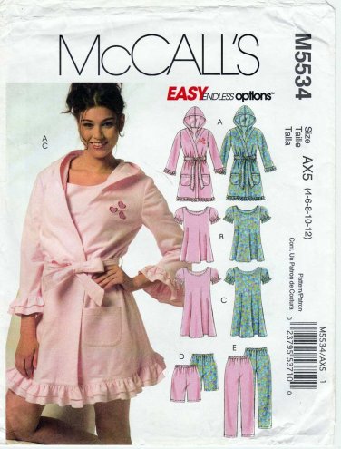 Women's Pajamas, Nightgown, Robe Sewing Pattern Misses' Size 4-6-8-10-12 UNCUT McCall's M5534 5534
