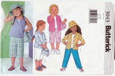 Girl's Shirt, Top, Capri Pants, Bucket Hat, Bag Sewing Pattern Child Size 6-7-8 Uncut Butterick 3043