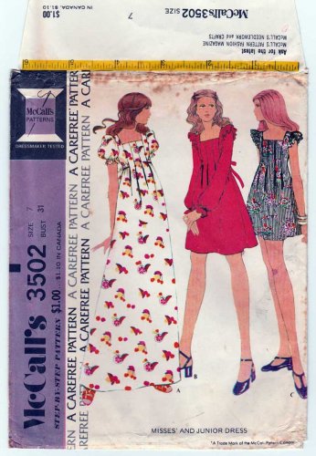 Junior Girl's High Waist Dress Sewing Pattern, Mini / Maxi Length Size 7 UNCUT 1970's McCall's 3502