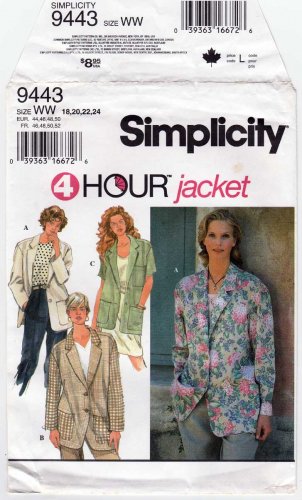 Women's Jacket 4 Hour Sewing Pattern Misses' Size 18-20-22-24 UNCUT Simplicity 9443