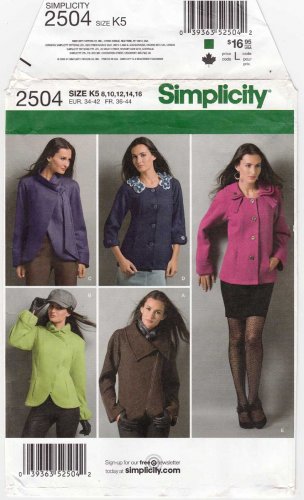 Women's Jackets Sewing Pattern Misses' Size 8-10-12-14-16 UNCUT Simplicity 2504