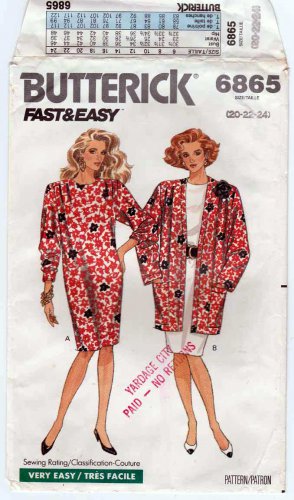 Straight Dress / Long Unlined Jacket Sewing Pattern, Women's Plus Size 20-22-24 UNCUT Butterick 6865