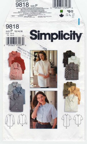 Women's Button Front Shirt Sewing Pattern, Loose Fit, Misses Size 12-14-16 UNCUT Simplicity 9818