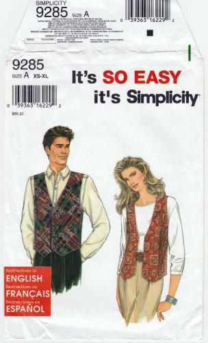 Vest Sewing Pattern for Women, Men or Teens, Size XS, Small, Medium, Large, XL UNCUT Simplicity 9285