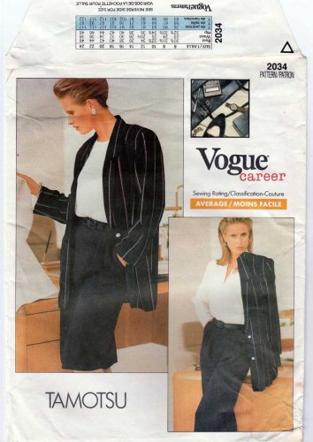 Women's Jacket, Skirt and Pants Sewing Pattern by Tamotsu, Misses Size 14-16-18 UNCUT Vogue 2034