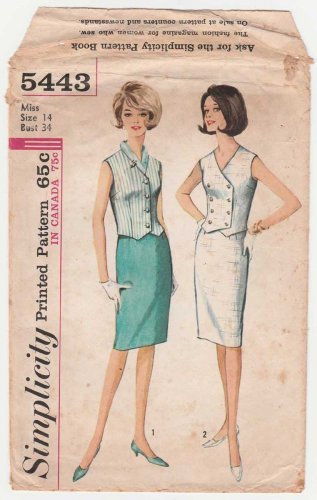 Women's Single / Double Breasted Weskit Blouse, Skirt Pattern Size 14 Uncut Vtg 60's Simplicity 5443