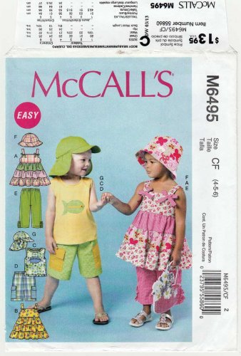Girl's Tops, Shorts, Pants, Hats Sewing Pattern Children's Size 4-5-6 UNCUT McCall's M6495 6495