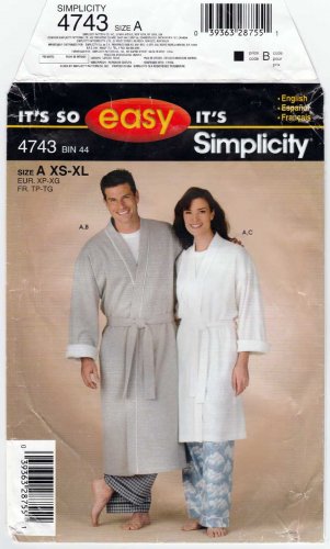 Women's, Mens, Teens Robe and Pants Sewing Pattern Size  XS - S - M - L - XL UNCUT Simplicity 4743