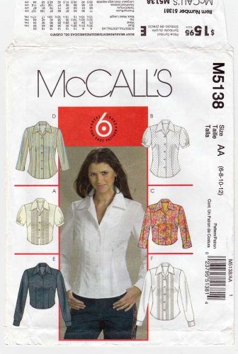 Button Front Shirts Sewing Pattern Misses' / Miss Petite Size 6-8-10-12 Uncut McCall's M5138 5138