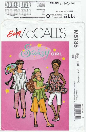 Girl's Tops, Gaucho, Pants and Head Scarf Sewing Pattern Size 7-8-10-12-14 UNCUT McCall's M5135 5135