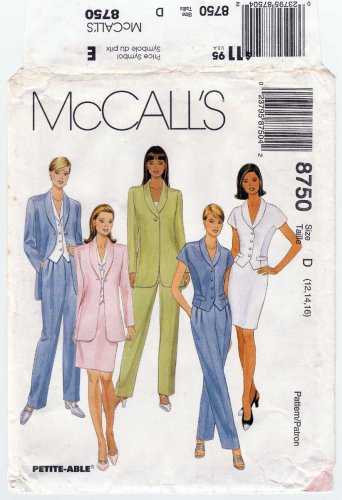 Women's Lined Jacket Top Pants Straight Skirt Suit Sewing Pattern Size 12 14 16 UNCUT McCall's 8750