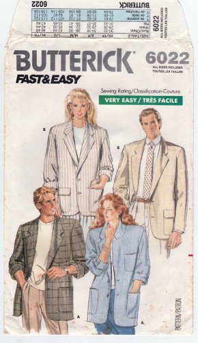 Sport Coat, Blazer For Men Women Sewing Pattern, Unisex Size 34 - 48 UNCUT Butterick 6022