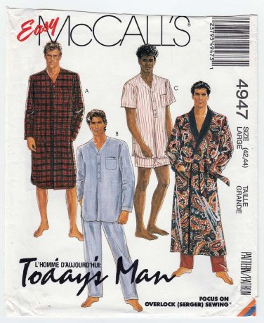 Men's Robe, Nightshirt, Pajamas Sewing Pattern Size Large 42, 44 UNCUT McCall's 4947