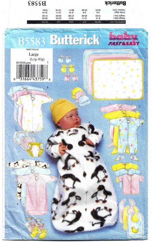 Baby Bunting, Jumpsuit, Shirt, Diaper Cover, Blanket, Hat, Bib, Booties, Size L-XL Butterick B5583