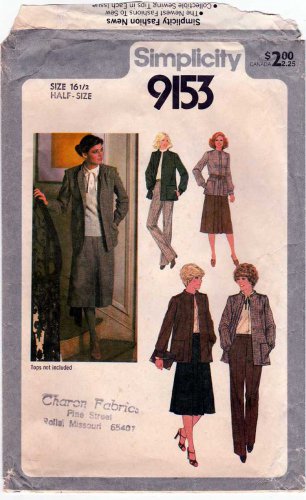1970's Women's Skirt, Pants, Unlined Jacket Sewing Pattern, Misses Size 16 1/2 UNCUT Simplicity 9153