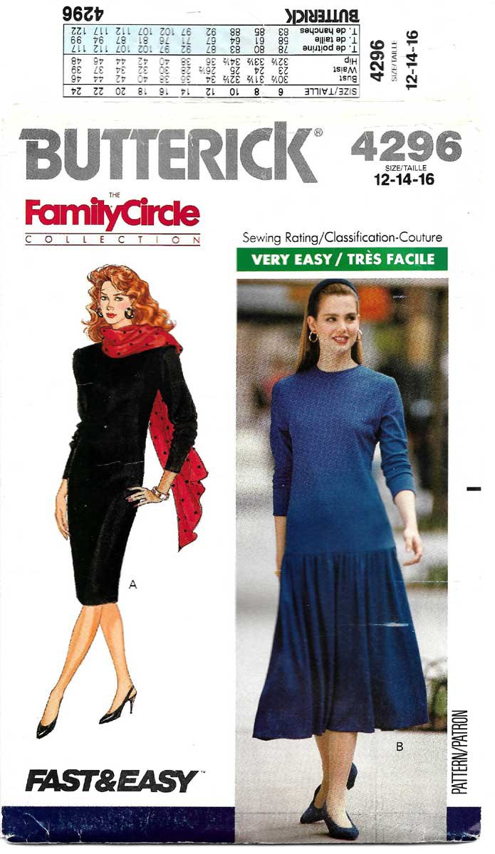 Women's Long Sleeve Dress Sewing Pattern, Misses / Miss Petite Size 12-14-16 UNCUT Butterick 4296