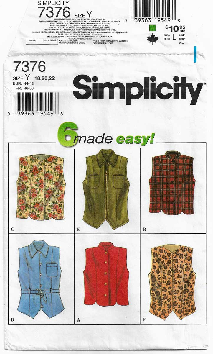 L UNCUT Simplicity 7360 Women's Sewing Pattern Felt Vest Accessories S
