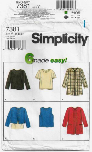 Women's Pullover Top and Cardigan Jacket Pattern Misses' Size 18-20-22 UNCUT Simplicity 7381