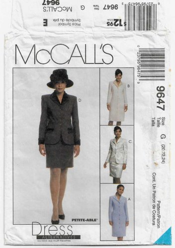 Women's Coat Dress, Suit Jacket and Skirt Sewing Pattern, Size 20-22-24 UNCUT McCall's 9647