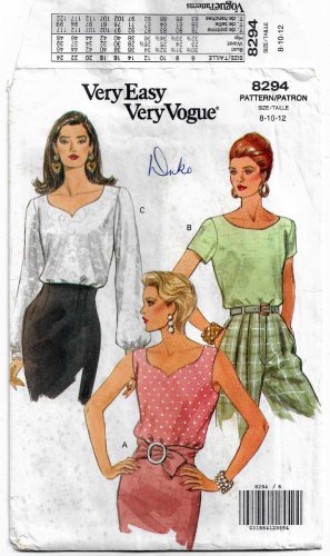 Women's Pullover Top, Sweetheart Neckline, Sewing Pattern Misses' Size 8-10-12 UNCUT Vogue 8294