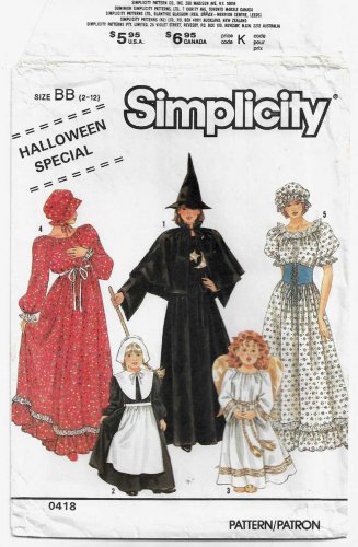 Girls Costumes, Angel, Pilgrim Sewing Pattern Size 2-4-6-8-10-12 UNCUT Simplicity 0418 9809