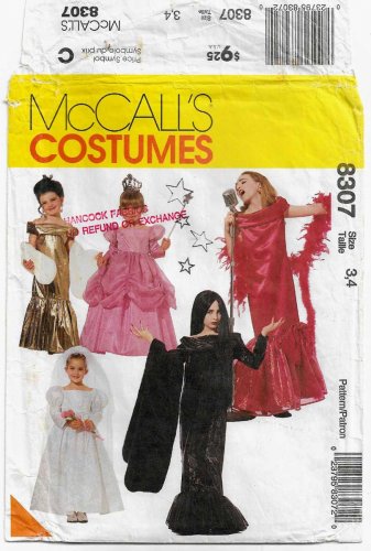 Girls Glamour Costume Pattern for Movie Star, Princess, Bride, Goth, Size 3 - 4 UNCUT McCall's 8307