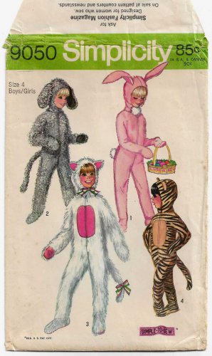 Child's Animal Costumes Dog Cat Rabbit Tiger Sewing Pattern Size 4 Vintage 1970's Simplicity 9050