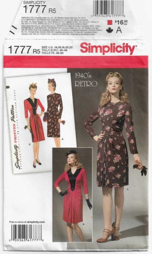Women's 1940's Style Dress Sewing Pattern, Size 14-16-18-20-22 UNCUT Reissue of 1943 Simplicity 1777