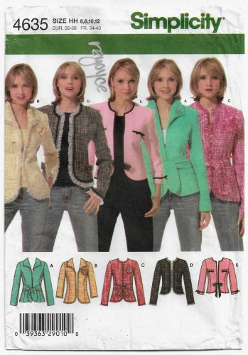 Women's Jacket Sewing Pattern Misses Size 6, 8, 10, 12 Bust 30 1/2 - 34" UNCUT Simplicity 4635