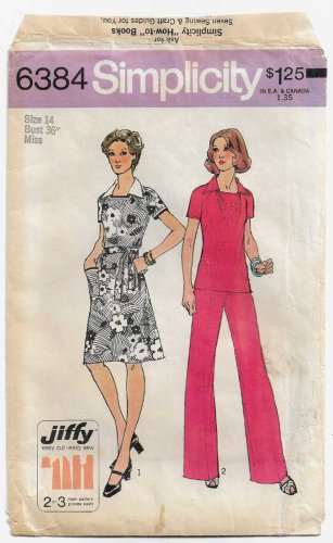 1970's Women's Jiffy Dress, Top and Pants Sewing Pattern Size 14 UNCUT Vintage Simplicity 6384
