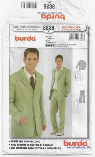 Men's Suit Sewing Pattern, Pants and Sport Jacket, Size 38 40 42 44 46 48 50 UNCUT Burda 8826