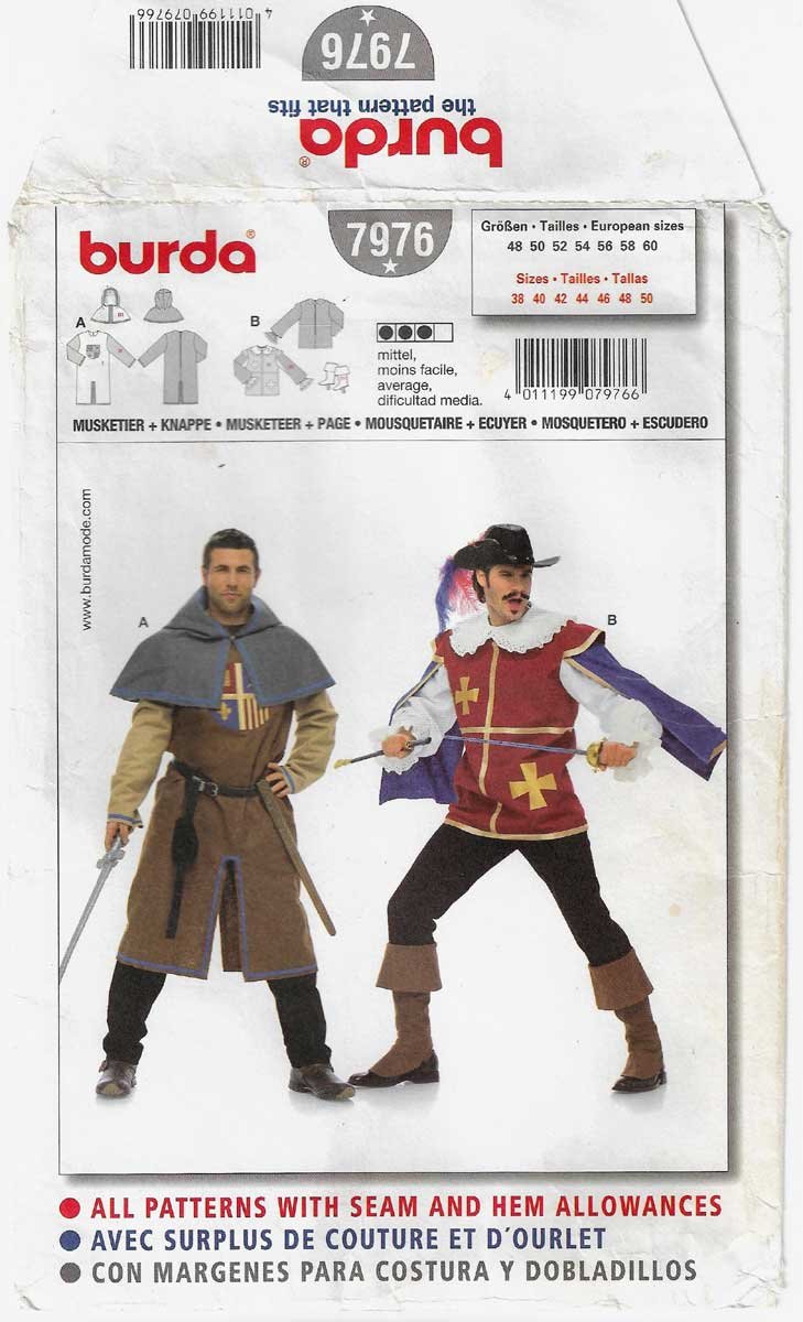 Musketeer and Page Costume Sewing Pattern Men's Size 38 40 42 44 46 48 ...