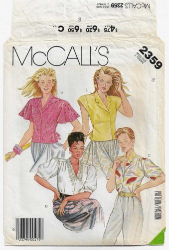 Women's Blouse Sewing Pattern, Flutter or Cap Short Sleeve Misses Size 8 UNCUT Vintage McCall's 2359