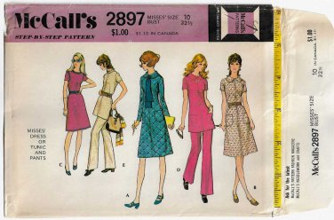 1970's Women's Dress, Tunic and Pants Pattern Size 10 Bust 32 1/2 Vintage UNCUT McCall's 2897