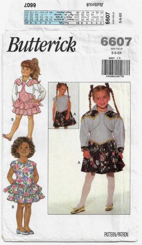 Girl's Sewing Pattern, Dress and Bolero Jacket, Child Size 5-6-6X UNCUT Butterick 6607