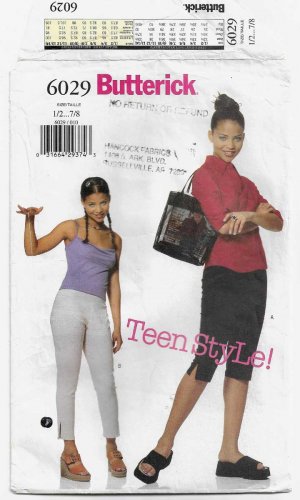 Junior Pants, Cropped, Capri Sewing Pattern Teen Girl Size 1/2, 3/4, 5/6, 7/8 UNCUT Butterick 6029