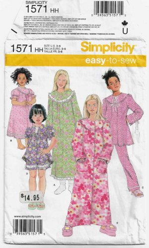 Girl's Nightgown, Robe, Pajamas Sewing Pattern Child Size 3-4-5-6 UNCUT Simplicity 1571