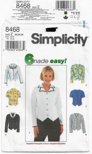 Women's Button Front Blouse Pattern, Misses/ Petite Size 20-22-24 Uncut 6 Made Easy Simplicity 8468