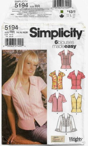 Women's Blouse Sewing Pattern Misses' Size 14-16-18-20 UNCUT Simplicity 5194
