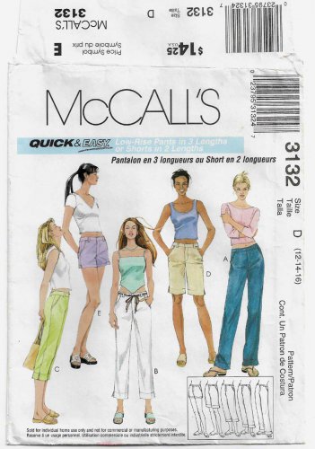Women's Low Rise Pants and Shorts Sewing Pattern Misses' Size 12