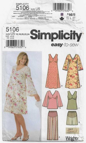Maternity Pattern for Dress, Tunic, Pants and Shorts Size 16-18-20-22-24 UNCUT Simplicity 5106