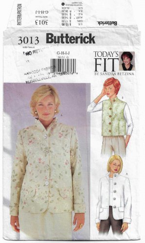Women's Jacket and Vest Pattern, Today's Fit by Sandra Betzina Sizes G H I J, UNCUT Butterick 3013
