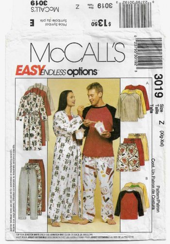 Robe, Pajamas Men / Women's Sleepwear Pattern, Size Xlg - XXL Bust/Chest 42-48 UNCUT McCall's 3019