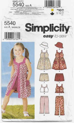 Girl's Dress, Top, Pants, Shorts, Hat Sewing Pattern Child Size 3-4-5-6-7-8 UNCUT Simplicity 5540