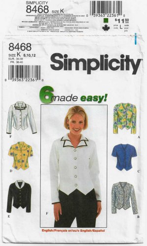 Women's Button Front Blouse Sewing Pattern, Misses' / Miss Petite Size 8-10-12 UNCUT Simplicity 8468