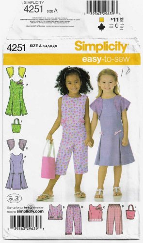 Girl's Capri Pants, Dress, Top, Bolero, Bag Sewing Pattern Size 3-4-5-6-7-8 UNCUT Simplicity 4251