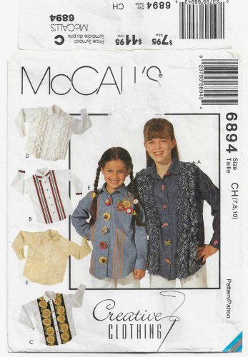 Girl's Shirt Sewing Pattern, Button Up Front, Long Sleeves Child Size 7-8-10 UNCUT McCall's 6894